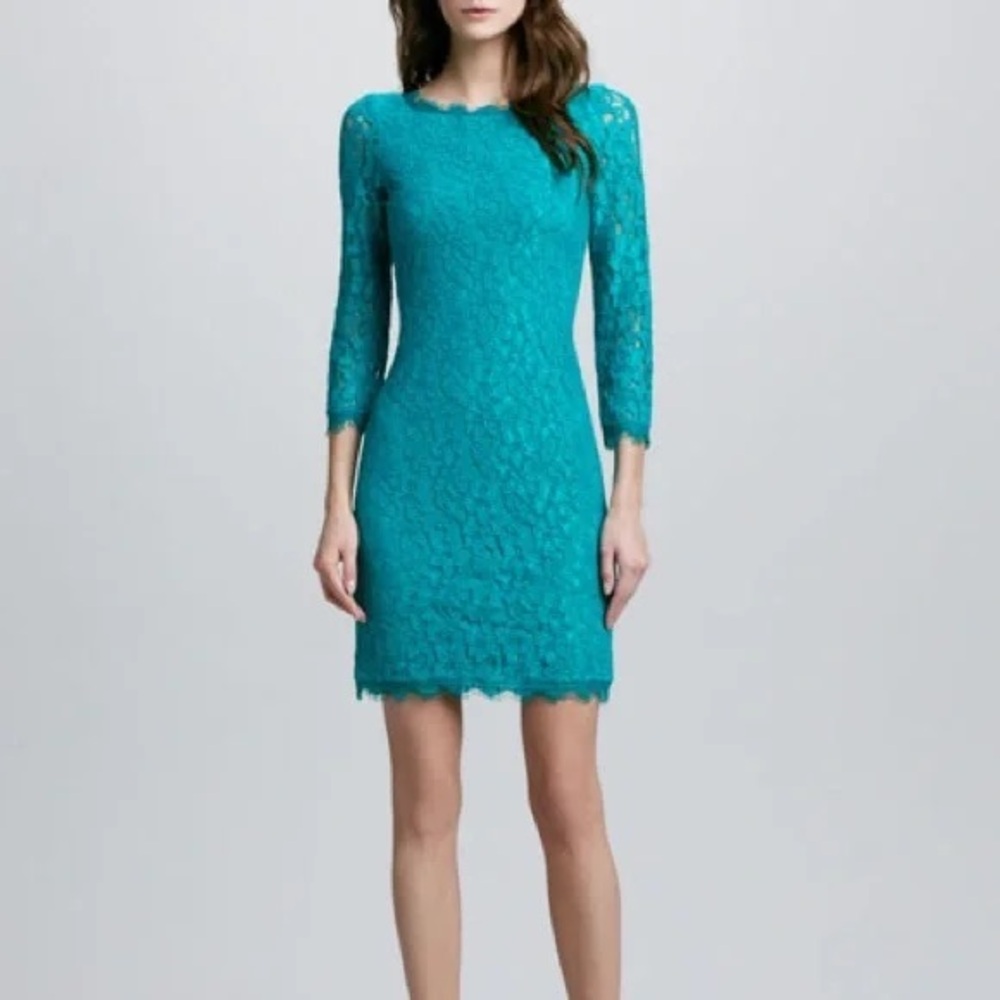 DVF Zarita Turquoise Lace Three-Quarter Sleeve Mini Dress